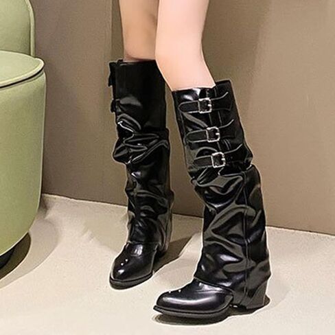Knee High Boots for Women Fold Over Wide Calf Pull On Boots Goth Rave Buckle Strap Mid Heel Combat Shoes for Riding in Saudi Arabia
