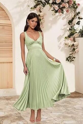 فساتين وصيفات العروس للسيدات من الساتان على شكل حرف A مطوي طويل رسمي للحفلات الراقصة وأشرطة واسعة in Kuwait