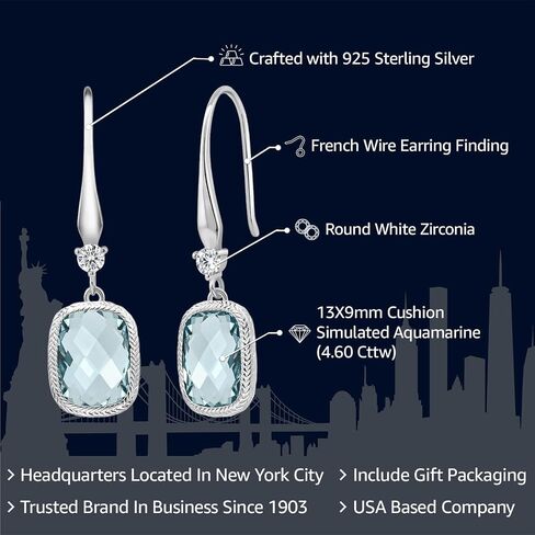 Gem Stone King 4.60 Cttw Simulated Aquamarine Drop Dangle Earrings for Women | 925 Sterling Silver | 13X9MM Cushion Checkerboard Cut | Fine Jewelry Gifts for Her Mom Women Wife in Saudi Arabia