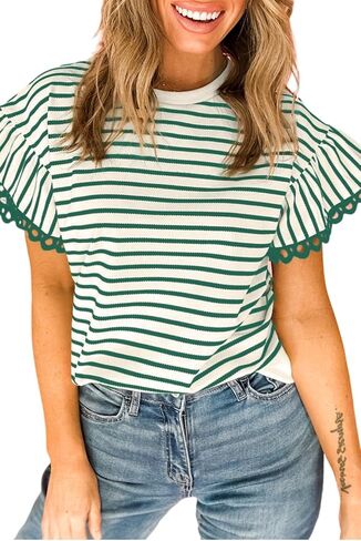 المرأة الريفية التقوقع الدانتيل تريم كشكش قصيرة الأكمام Crewneck أعلى جولة الرقبة بلوزة in Kuwait