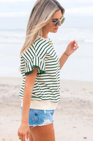 المرأة الريفية التقوقع الدانتيل تريم كشكش قصيرة الأكمام Crewneck أعلى جولة الرقبة بلوزة in Kuwait