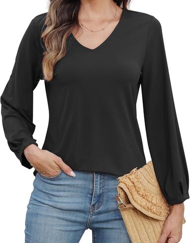 قمصان نسائية أنيقة برقبة على شكل V وأكمام طويلة وقمصان فضفاضة وأكمام منتفخة وبلوزات عمل غير رسمية ملابس خريفية أنيقة in Kuwait