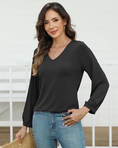 قمصان نسائية أنيقة برقبة على شكل V وأكمام طويلة وقمصان فضفاضة وأكمام منتفخة وبلوزات عمل غير رسمية ملابس خريفية أنيقة in Kuwait