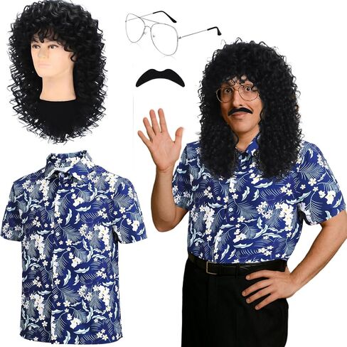 Mepase 4 Pcs 80s Halloween Costume for Men Outfit Cosplay Set Hawaiian Shirt Black Curly Wig Silver Frame Glasses Mustache in Saudi Arabia