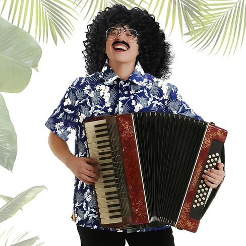 Mepase 4 Pcs 80s Halloween Costume for Men Outfit Cosplay Set Hawaiian Shirt Black Curly Wig Silver Frame Glasses Mustache in Saudi Arabia