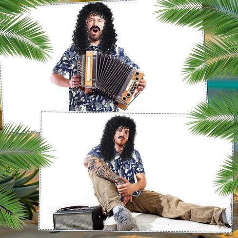 Mepase 4 Pcs 80s Halloween Costume for Men Outfit Cosplay Set Hawaiian Shirt Black Curly Wig Silver Frame Glasses Mustache in Saudi Arabia
