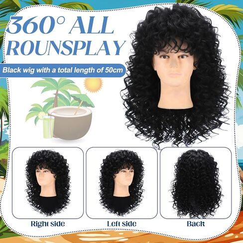 Mepase 4 Pcs 80s Halloween Costume for Men Outfit Cosplay Set Hawaiian Shirt Black Curly Wig Silver Frame Glasses Mustache in Saudi Arabia