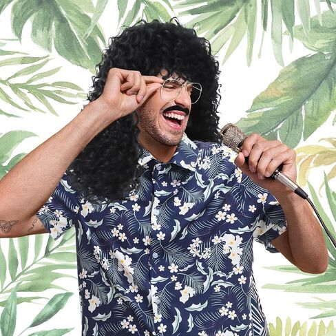 Mepase 4 Pcs 80s Halloween Costume for Men Outfit Cosplay Set Hawaiian Shirt Black Curly Wig Silver Frame Glasses Mustache in Saudi Arabia