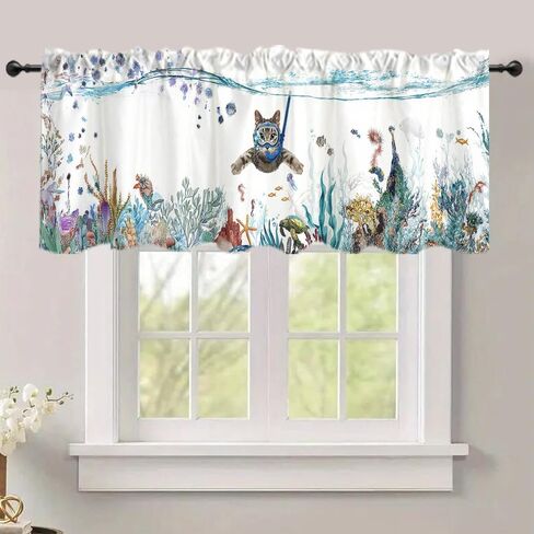 Art Studio 54x18 Inches Cute Cat Window Treatment Valance Dive Colorful Animal Sea Kitchen Blackout Drapes Bathroom Bedroom Living Room Polyester Fabric Curtains Decorations Supplies in Saudi Arabia
