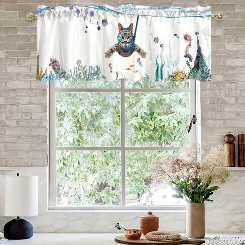 Art Studio 54x18 Inches Cute Cat Window Treatment Valance Dive Colorful Animal Sea Kitchen Blackout Drapes Bathroom Bedroom Living Room Polyester Fabric Curtains Decorations Supplies in Saudi Arabia
