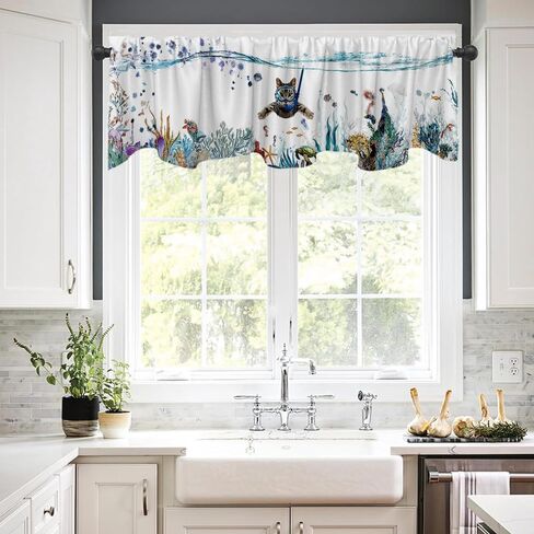 Art Studio 54x18 Inches Cute Cat Window Treatment Valance Dive Colorful Animal Sea Kitchen Blackout Drapes Bathroom Bedroom Living Room Polyester Fabric Curtains Decorations Supplies in Saudi Arabia