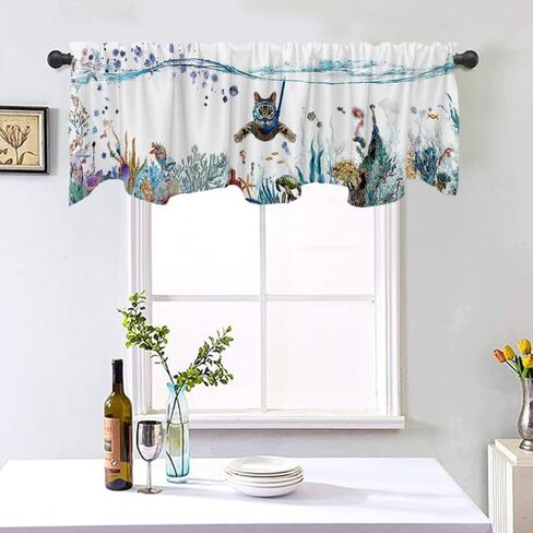 Art Studio 54x18 Inches Cute Cat Window Treatment Valance Dive Colorful Animal Sea Kitchen Blackout Drapes Bathroom Bedroom Living Room Polyester Fabric Curtains Decorations Supplies in Saudi Arabia