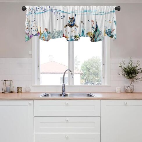 Art Studio 54x18 Inches Cute Cat Window Treatment Valance Dive Colorful Animal Sea Kitchen Blackout Drapes Bathroom Bedroom Living Room Polyester Fabric Curtains Decorations Supplies in Saudi Arabia