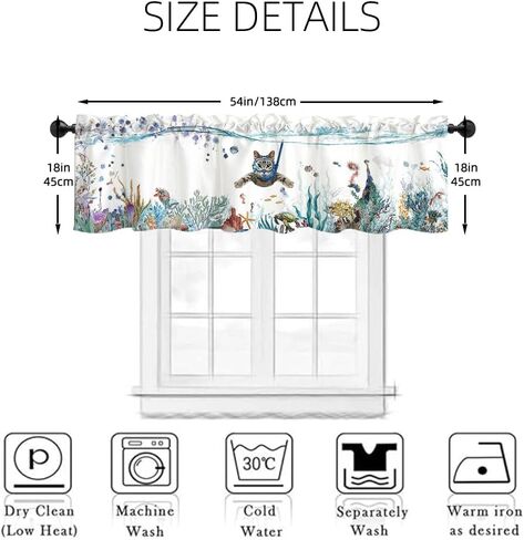 Art Studio 54x18 Inches Cute Cat Window Treatment Valance Dive Colorful Animal Sea Kitchen Blackout Drapes Bathroom Bedroom Living Room Polyester Fabric Curtains Decorations Supplies in Saudi Arabia