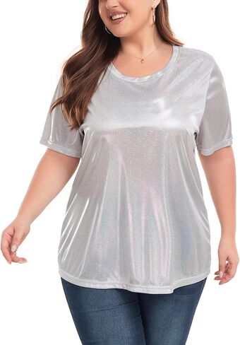 Women's Plus Size Shiny Metallic Shirt Sparkly Tops Holographic Party Disco Tee Rock Concert Glitter Shirt XL~5XL in Saudi Arabia