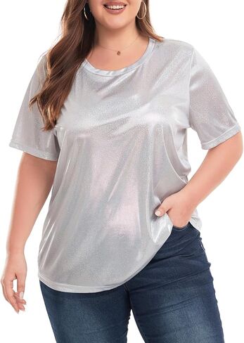 Women's Plus Size Shiny Metallic Shirt Sparkly Tops Holographic Party Disco Tee Rock Concert Glitter Shirt XL~5XL in Saudi Arabia