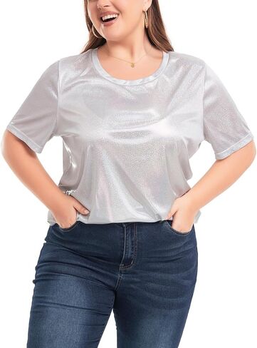Women's Plus Size Shiny Metallic Shirt Sparkly Tops Holographic Party Disco Tee Rock Concert Glitter Shirt XL~5XL in Saudi Arabia
