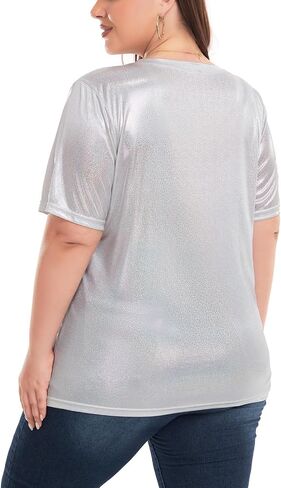 Women's Plus Size Shiny Metallic Shirt Sparkly Tops Holographic Party Disco Tee Rock Concert Glitter Shirt XL~5XL in Saudi Arabia
