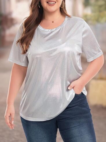 Women's Plus Size Shiny Metallic Shirt Sparkly Tops Holographic Party Disco Tee Rock Concert Glitter Shirt XL~5XL in Saudi Arabia