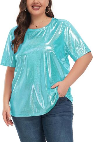 Women's Plus Size Shiny Metallic Shirt Sparkly Tops Holographic Party Disco Tee Rock Concert Glitter Shirt XL~5XL in Saudi Arabia