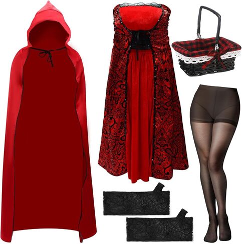 Mepase Plus Size Little Red Riding Hood Costume for Women Adult Halloween Hood Cloak Cape Red Dress Basket Tights Gloves for Cosplay Party Accessories in Saudi Arabia