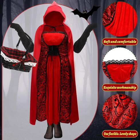 Mepase Plus Size Little Red Riding Hood Costume for Women Adult Halloween Hood Cloak Cape Red Dress Basket Tights Gloves for Cosplay Party Accessories in Saudi Arabia