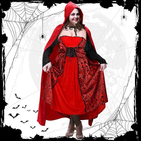 Mepase Plus Size Little Red Riding Hood Costume for Women Adult Halloween Hood Cloak Cape Red Dress Basket Tights Gloves for Cosplay Party Accessories in Saudi Arabia