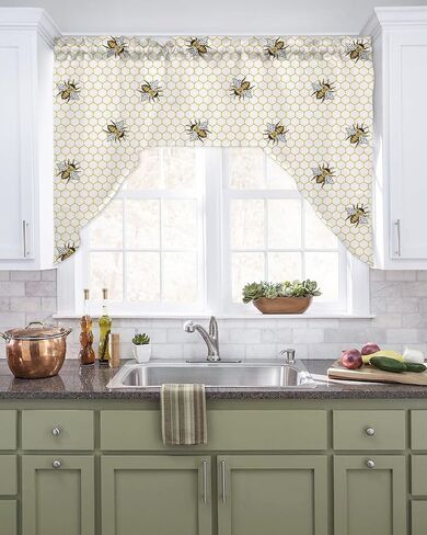 ستائر المطبخ Spring Bee Swag Valance، لوحات ستائر ستائرية بجيب قضيب لغرفة النوم وغرفة المعيشة والحمام ونوافذ المقهى، مشط هندسي منقوش بالعسل مقاس 56 بوصة × 36 بوصة in Kuwait