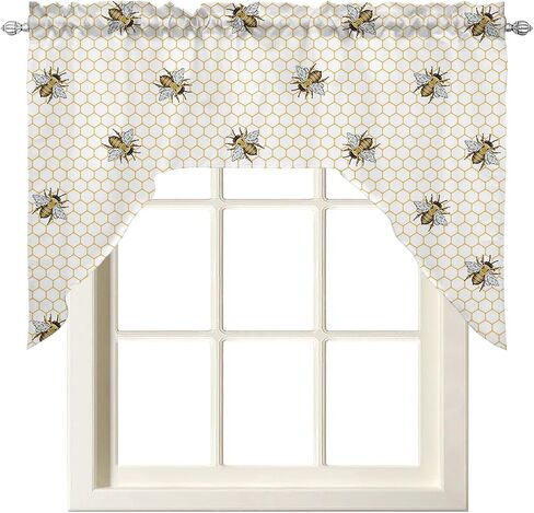 ستائر المطبخ Spring Bee Swag Valance، لوحات ستائر ستائرية بجيب قضيب لغرفة النوم وغرفة المعيشة والحمام ونوافذ المقهى، مشط هندسي منقوش بالعسل مقاس 56 بوصة × 36 بوصة in Kuwait