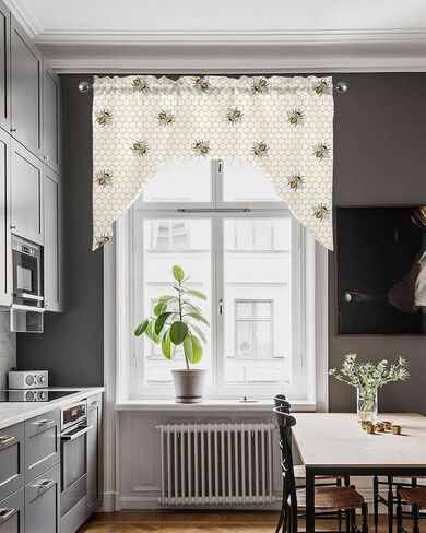 ستائر المطبخ Spring Bee Swag Valance، لوحات ستائر ستائرية بجيب قضيب لغرفة النوم وغرفة المعيشة والحمام ونوافذ المقهى، مشط هندسي منقوش بالعسل مقاس 56 بوصة × 36 بوصة in Kuwait