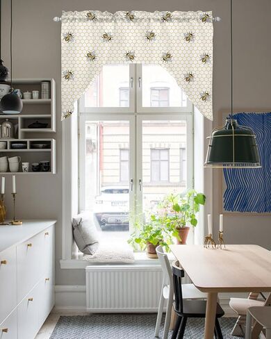 ستائر المطبخ Spring Bee Swag Valance، لوحات ستائر ستائرية بجيب قضيب لغرفة النوم وغرفة المعيشة والحمام ونوافذ المقهى، مشط هندسي منقوش بالعسل مقاس 56 بوصة × 36 بوصة in Kuwait