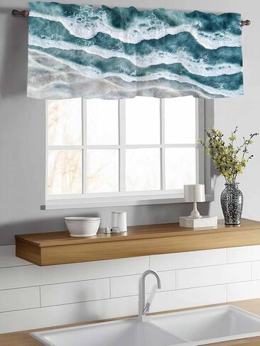 Rod Pocket Valance Abstract Ocean Water Wave Artwork Short Kitchen Curtains for Windows Decor,Summer Coastal Window Treatment for Bathroom Living Room Bedroom,1 Panel,54x18in in Saudi Arabia