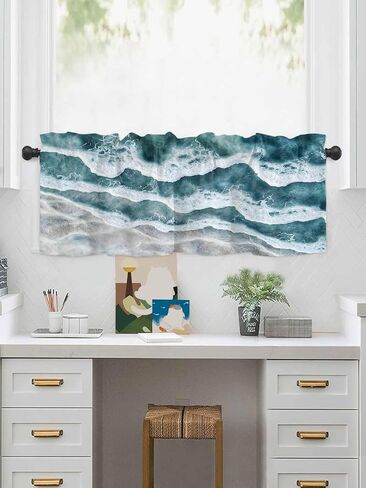 Rod Pocket Valance Abstract Ocean Water Wave Artwork Short Kitchen Curtains for Windows Decor,Summer Coastal Window Treatment for Bathroom Living Room Bedroom,1 Panel,54x18in in Saudi Arabia