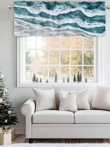 Rod Pocket Valance Abstract Ocean Water Wave Artwork Short Kitchen Curtains for Windows Decor,Summer Coastal Window Treatment for Bathroom Living Room Bedroom,1 Panel,54x18in in Saudi Arabia