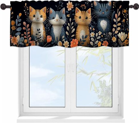 Cute Cat Kitten Valance Curtains for WindowsColorful Flower Modern Rod Pocket Decorative Window Valance for Kitchen Bathroom Bedroom Living Room Closet, 54x18 Inch in Saudi Arabia