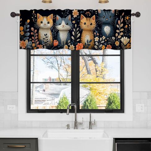 Cute Cat Kitten Valance Curtains for WindowsColorful Flower Modern Rod Pocket Decorative Window Valance for Kitchen Bathroom Bedroom Living Room Closet, 54x18 Inch in Saudi Arabia