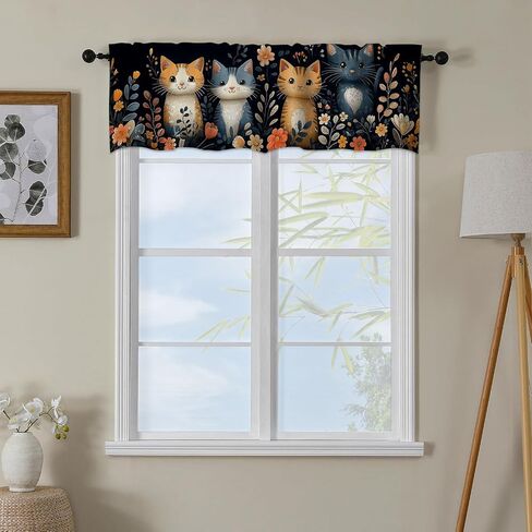 Cute Cat Kitten Valance Curtains for WindowsColorful Flower Modern Rod Pocket Decorative Window Valance for Kitchen Bathroom Bedroom Living Room Closet, 54x18 Inch in Saudi Arabia