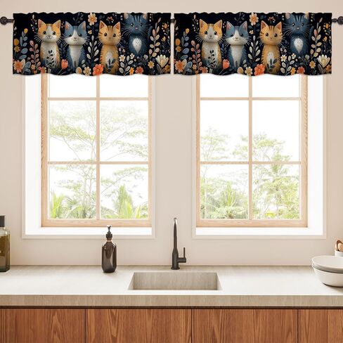 Cute Cat Kitten Valance Curtains for WindowsColorful Flower Modern Rod Pocket Decorative Window Valance for Kitchen Bathroom Bedroom Living Room Closet, 54x18 Inch in Saudi Arabia