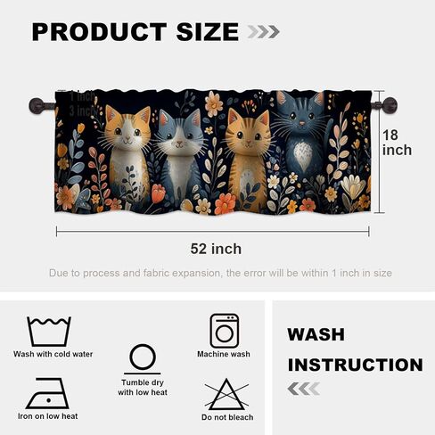 Cute Cat Kitten Valance Curtains for WindowsColorful Flower Modern Rod Pocket Decorative Window Valance for Kitchen Bathroom Bedroom Living Room Closet, 54x18 Inch in Saudi Arabia