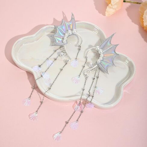 Fairy Elf Ear Cuffs,Pearl Tassel Elven Wrap Clip-On Earrings, Non Piercing Earrings For Women,Halloween Christmas Cosplay Accessories in Kuwait