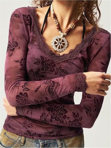 تي شيرت نسائي من MakeMeChic Y2K Boho من الدانتيل الشبكي بأكمام طويلة ورقبة على شكل حرف V in Saudi Arabia