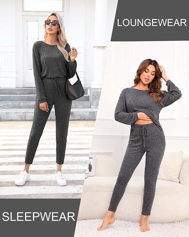 طقم بيجامة نسائي من difficort بأكمام طويلة من Pjs ملابس نوم ناعمة مضلعة مع جيوب in Kuwait