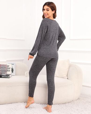 طقم بيجامة نسائي من difficort بأكمام طويلة من Pjs ملابس نوم ناعمة مضلعة مع جيوب in Kuwait