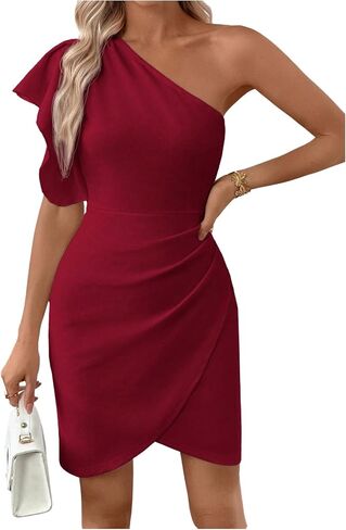 SweatyRocks Women's Elegant One Shoulder Cocktail Dress Ruffle Sleeve Wrap Bodycon Party Dresses in Saudi Arabia