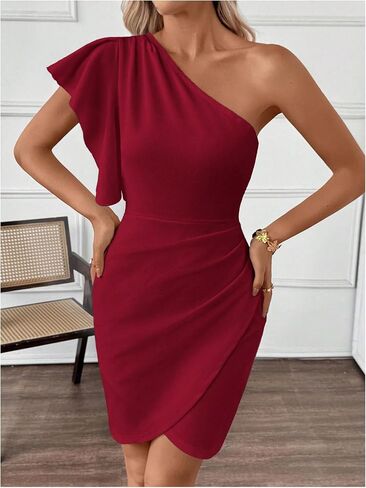 SweatyRocks Women's Elegant One Shoulder Cocktail Dress Ruffle Sleeve Wrap Bodycon Party Dresses in Saudi Arabia