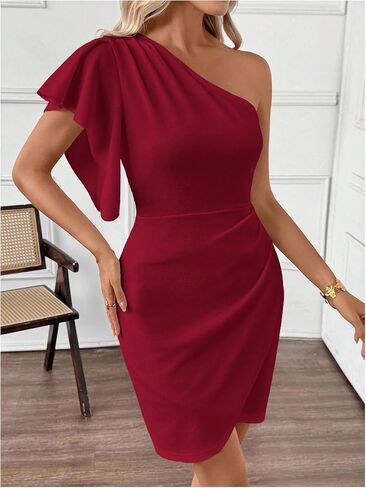 SweatyRocks Women's Elegant One Shoulder Cocktail Dress Ruffle Sleeve Wrap Bodycon Party Dresses in Saudi Arabia