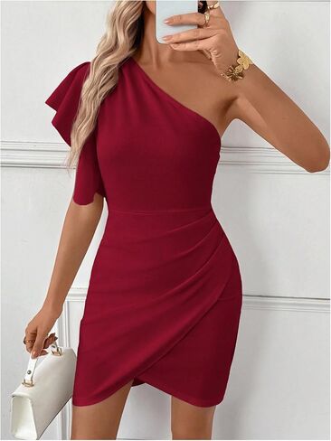 SweatyRocks Women's Elegant One Shoulder Cocktail Dress Ruffle Sleeve Wrap Bodycon Party Dresses in Saudi Arabia