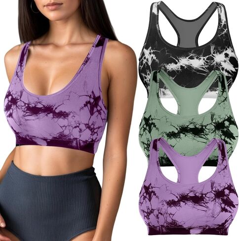 Coume 3 حزم حمالات صدر رياضية للنساء Racerback Tie Dye حمالات صدر عالية الدعم مبطنة للتمارين الرياضية واليوجا والجري وصالة الألعاب الرياضية in Kuwait
