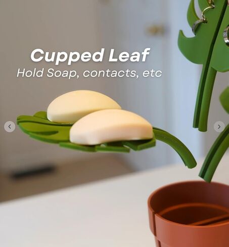 مجموعة ديكور نباتات مرآة من أوراق المونسترا الاصطناعية - منظم حامل فرشاة أسنان الحمام - وعاء نبات صناعي مع 3 أوراق - ديكور سطح الطاولة المنزلي in Kuwait