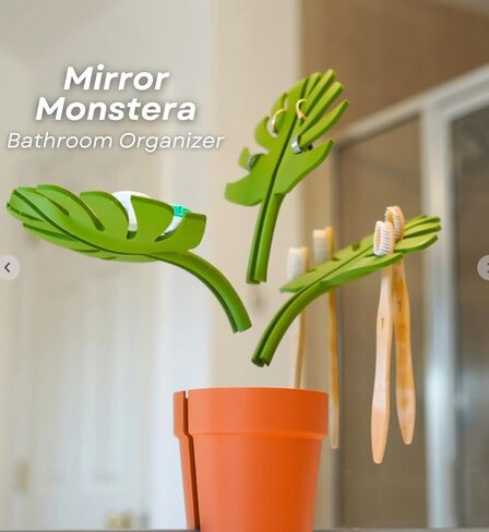 مجموعة ديكور نباتات مرآة من أوراق المونسترا الاصطناعية - منظم حامل فرشاة أسنان الحمام - وعاء نبات صناعي مع 3 أوراق - ديكور سطح الطاولة المنزلي in Kuwait
